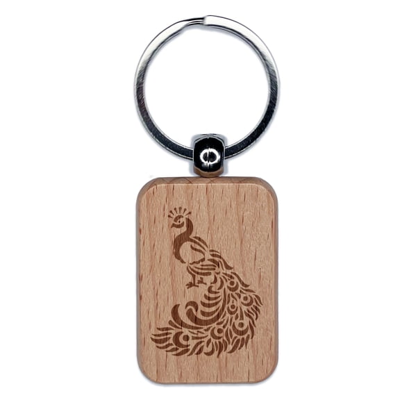 Peacock with Draping Tail Feathers Rectangle Keychain Charm Tag - Engraved Wood