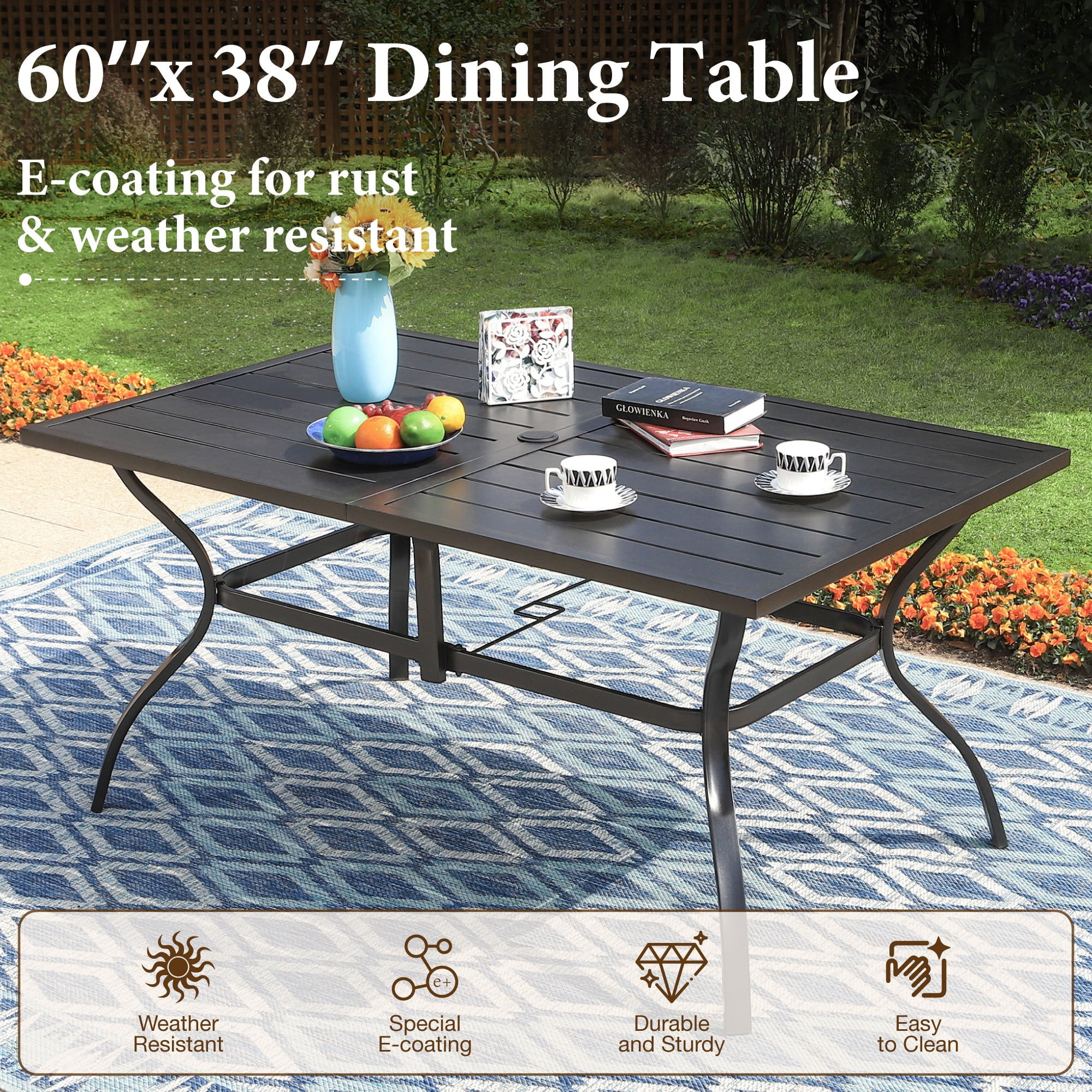 MF Studio 8-Piece Outdoor Patio Set with 13 ft Double-Sided Umbrella, 6 Wicker Cushioned Chairs & Rectangular Table, Black, Brown & Beige
