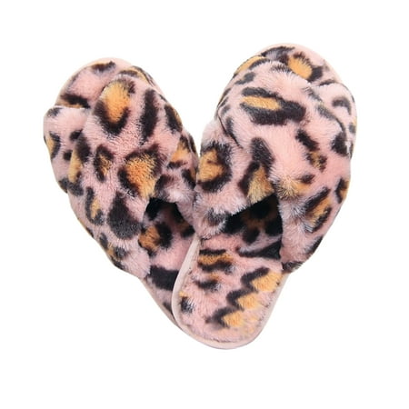 

Careslong Plush Slippers - Soft Warm Women s Cross Band Slippers - Stylish Furry Leopard Open Toe House Shoes for Women - Anti-Slip Rubber Sole - for Ladies Indoor Outdoor