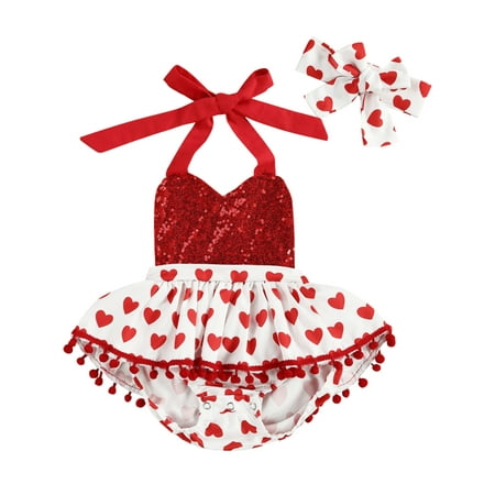 

LisenraIn Day Newborn Baby Love Heart Pompom Tassels Romper Dress Headband