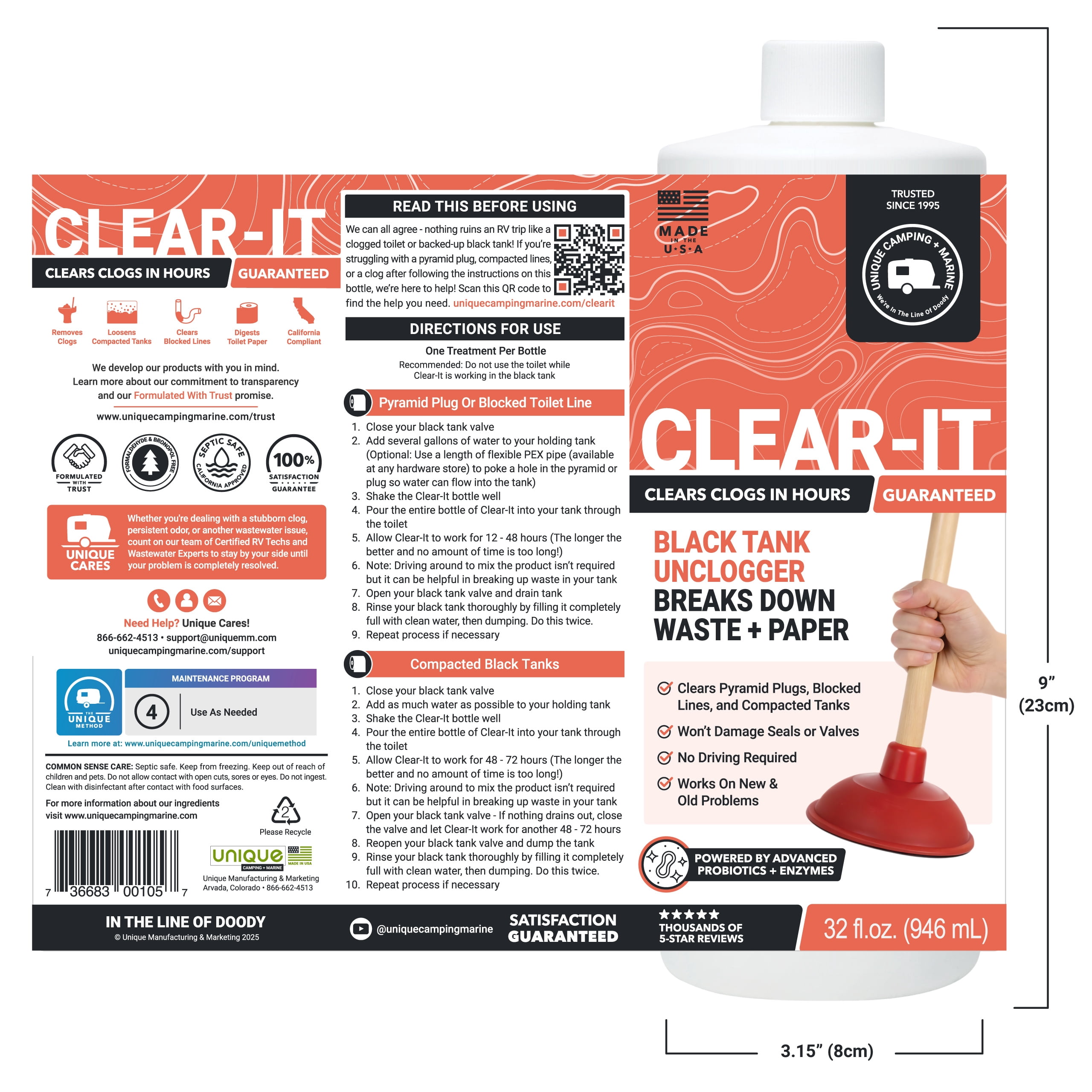 Unique Clear-It RV Toilet & Black Tank Unclogger Liquid, Breaks Through Pyramid Plugs & Clogged Pipes, RV Tank Cleaner, 32 oz
