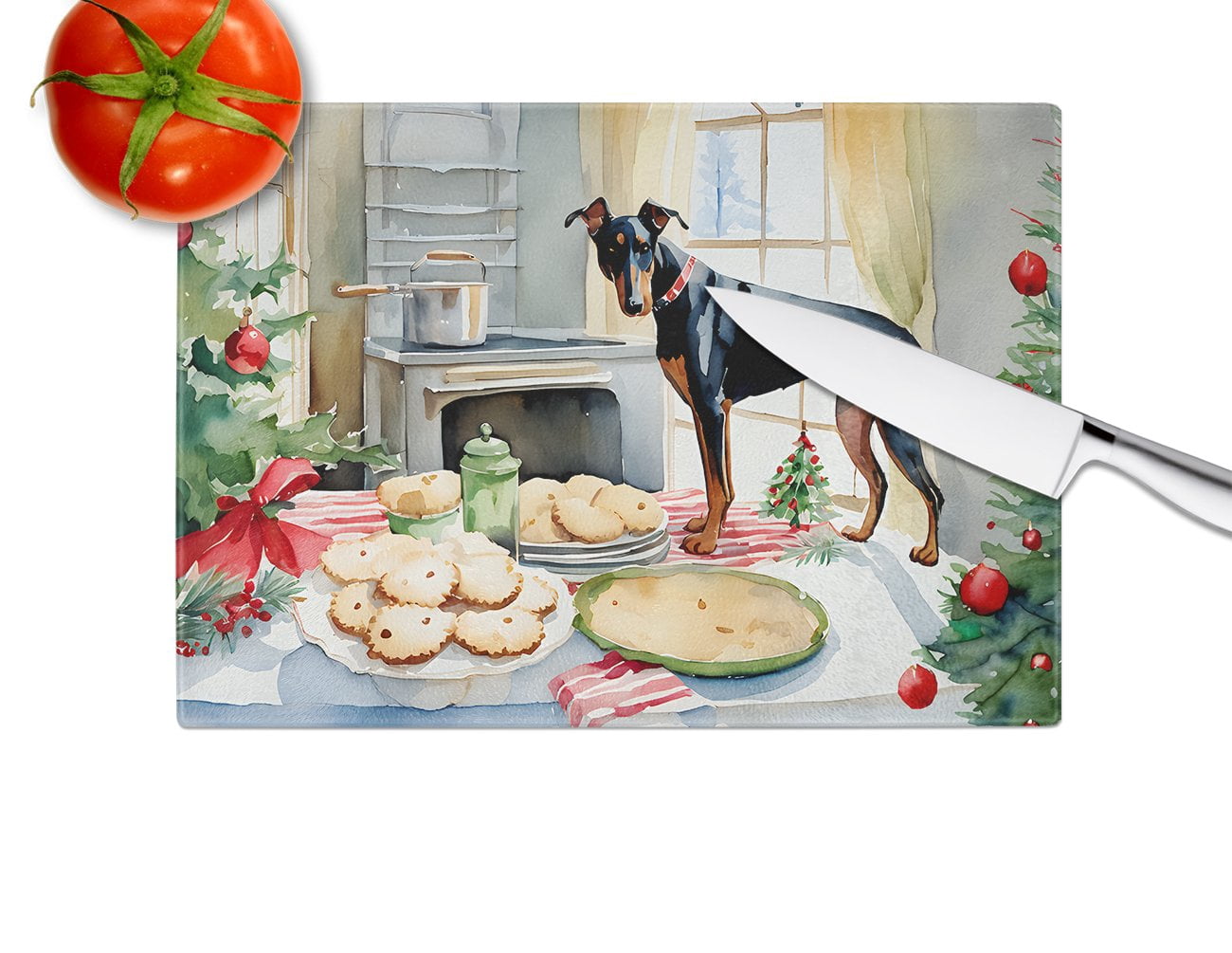 Doberman Pinscher Christmas Cookies Glass Cutting Board 12 in x 15 in