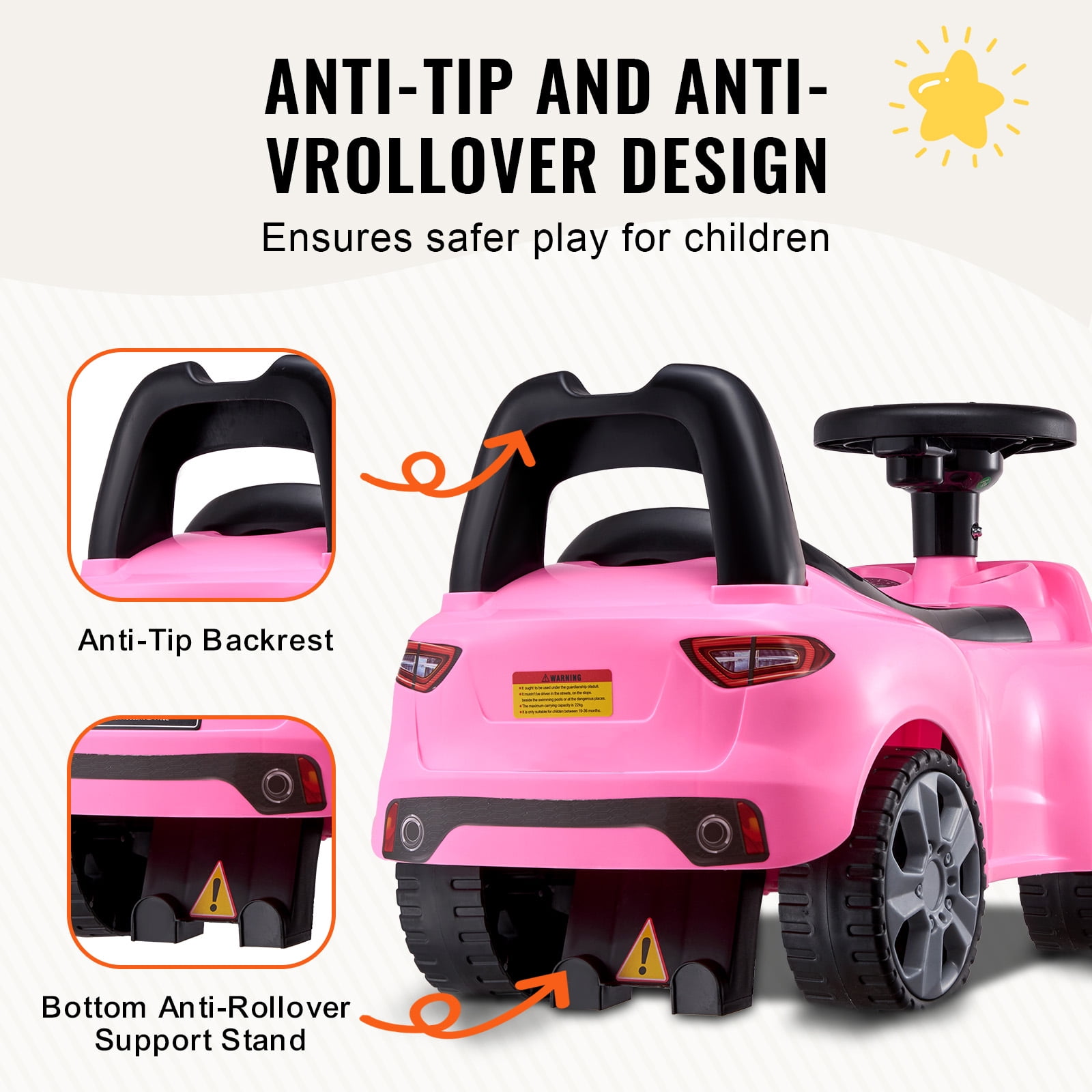 KFFKFF Toddler Push Car, 1-3 Years, Ride Racer, Convertible Sit-to-Stand Toy, Children's Riding Car with Musical Steering & Storage, Pink Ride-On for Kids