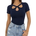thumbnail image 2 of MOYIKO Crewneck T Shirts for Women Short Sleeve Sexy Cutout Slim Fitted Tees Elegant Tight Summer Tops, 2 of 7
