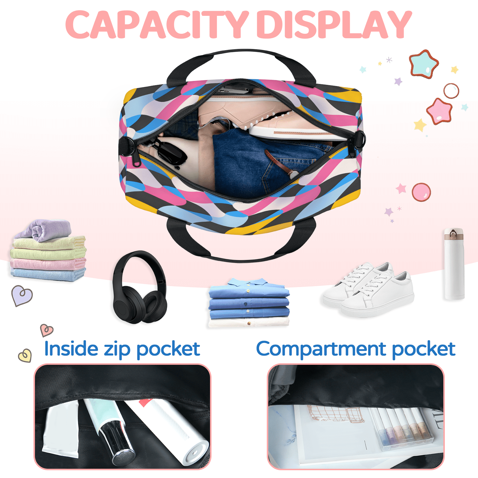 Herdesigns Geometric Shapes Travel Duffle Bag Sports Yoga Weekender Overnight Carry on Workout Bags Lightweight Waterproof Gym Tote Bag for Women Modern Abstract