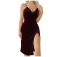 thumbnail image 3 of YTCAMLO Side Split Velvet Dress for Women Casual Spaghetti Strap Lace Dress Stretchy Midi Dress Soft Comfy Sleeveless Nightgown, Wine L, 3 of 8