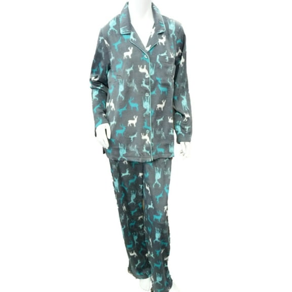 Covington Womens Gray & Green Reindeer Print Pajamas Fleece Pajama Set 2X