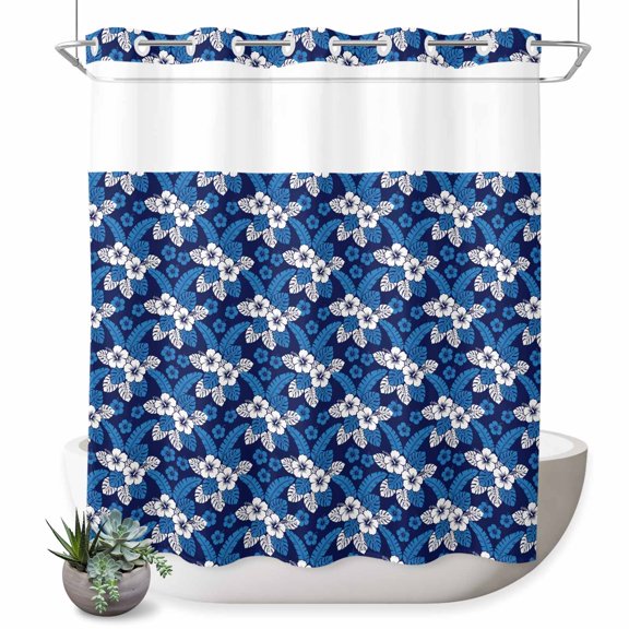 No Hook Shower Curtain, Watercolor Floral Shower Curtains for Bathroom with See Through Top Window, Summer Tropical Monstera Leaves Blue Waterproof & Washable Bath Curtain Long 72"x78"