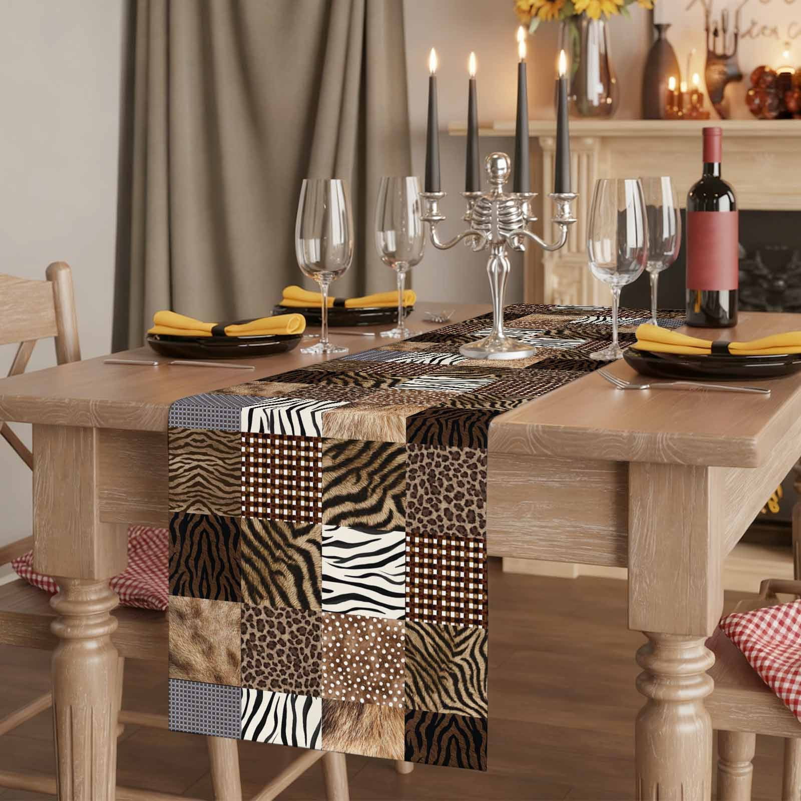 Animal Print Plaid Table Runner, Modern Geometric Leopard Print Washable Cotton Linen Table Runners 90 Inches Long, Dresser Scarf Runner for Dining/Coffee/Kitchen/Hallway Tables 13''x90''