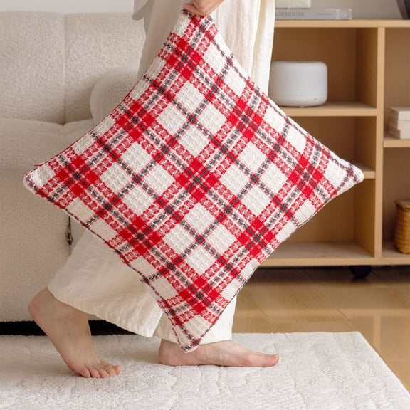 TOPRenddon White Red Christmas Plaid Pillow Covers 18x18 Xmas Buffalo Tartan Print Holiday Decorative Throw Pillows Outdoor Pillowcase Square Linen Farmhouse Cushion Case Decor for Couch Sofa Bed