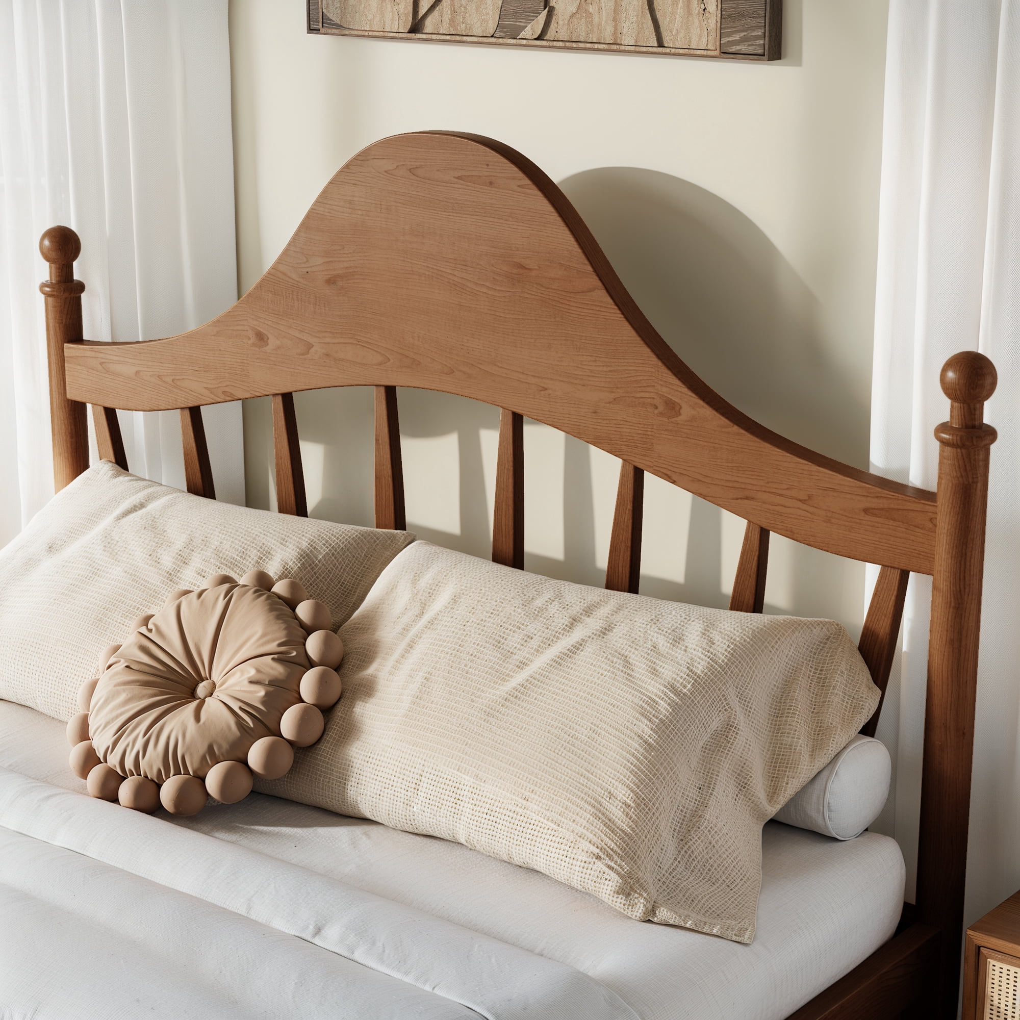 Leumius Queen Size Platform Bed with Chic Headboard, Solid Wood Bed Frame with Slatted Support, Low to Ground Design for Bedroom Brown