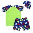 thumbnail image 2 of Kids Boy Cartoon Dinosaur Shark Rashguard Top & Swim Shorts with Hat 3 pcs Set (Blue Shark/Green, S/2-3 Years), 2 of 4