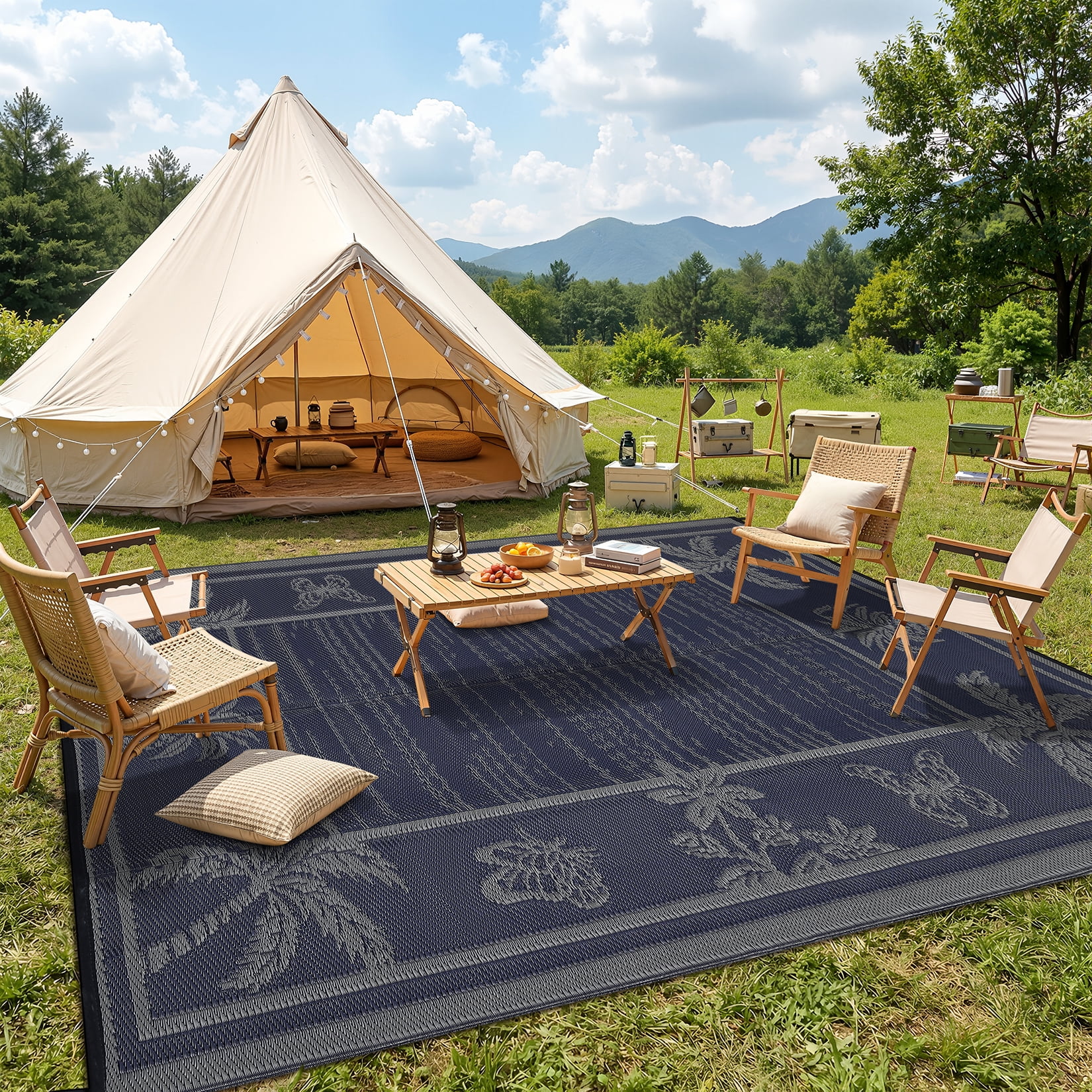 HIWEAVER Navy 9'x 12' Outdoor Rug Garden Decor Floral Bordered Carpet Plastic Straw Waterproof Reversible Patio Area Rug for Balcony Deck Picnic Portable Camping Mat