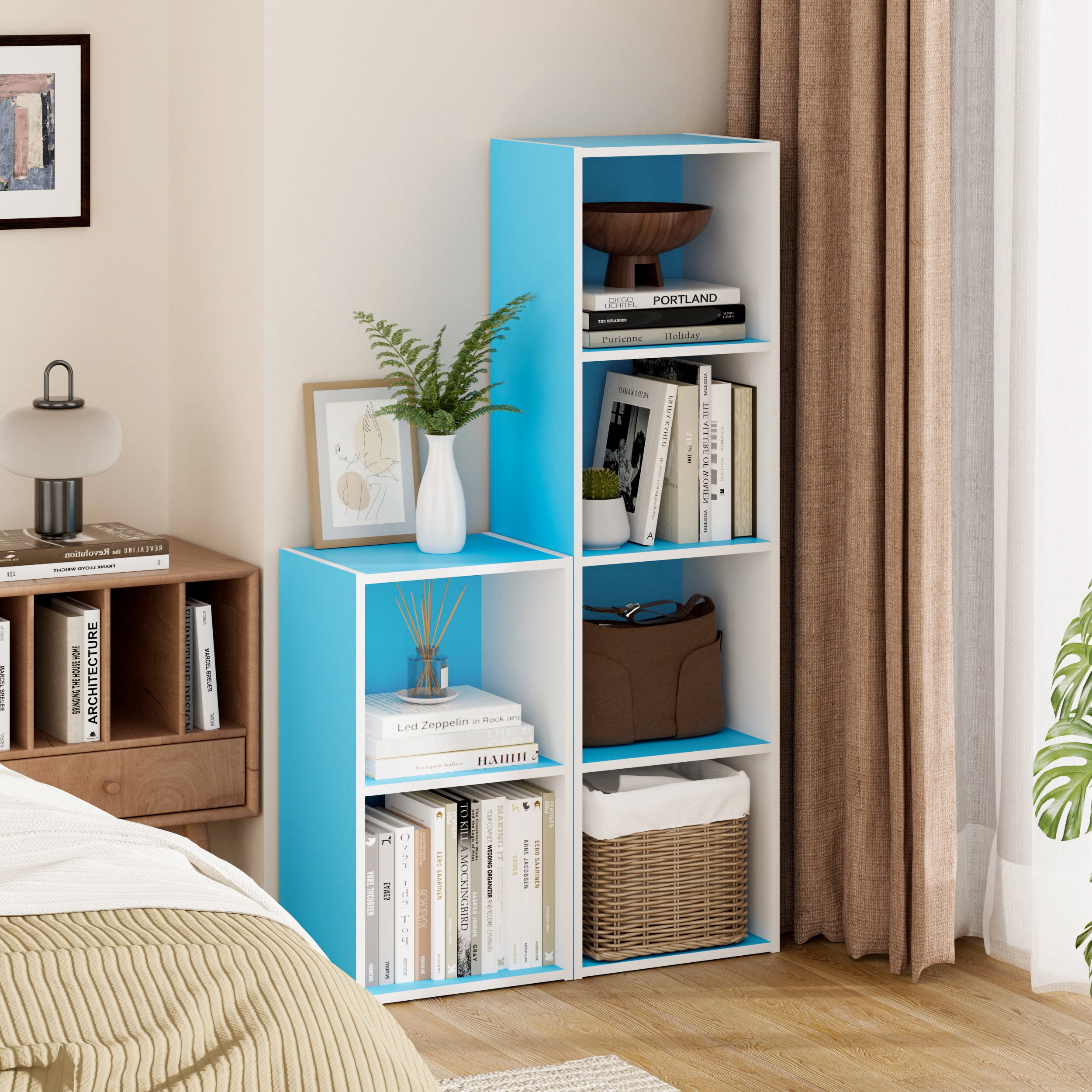 HOMLUX 9" x 12" x 42" Storage Shelf 4 Tier Cube Bookcase, Suitable for Small Space, White & Blue