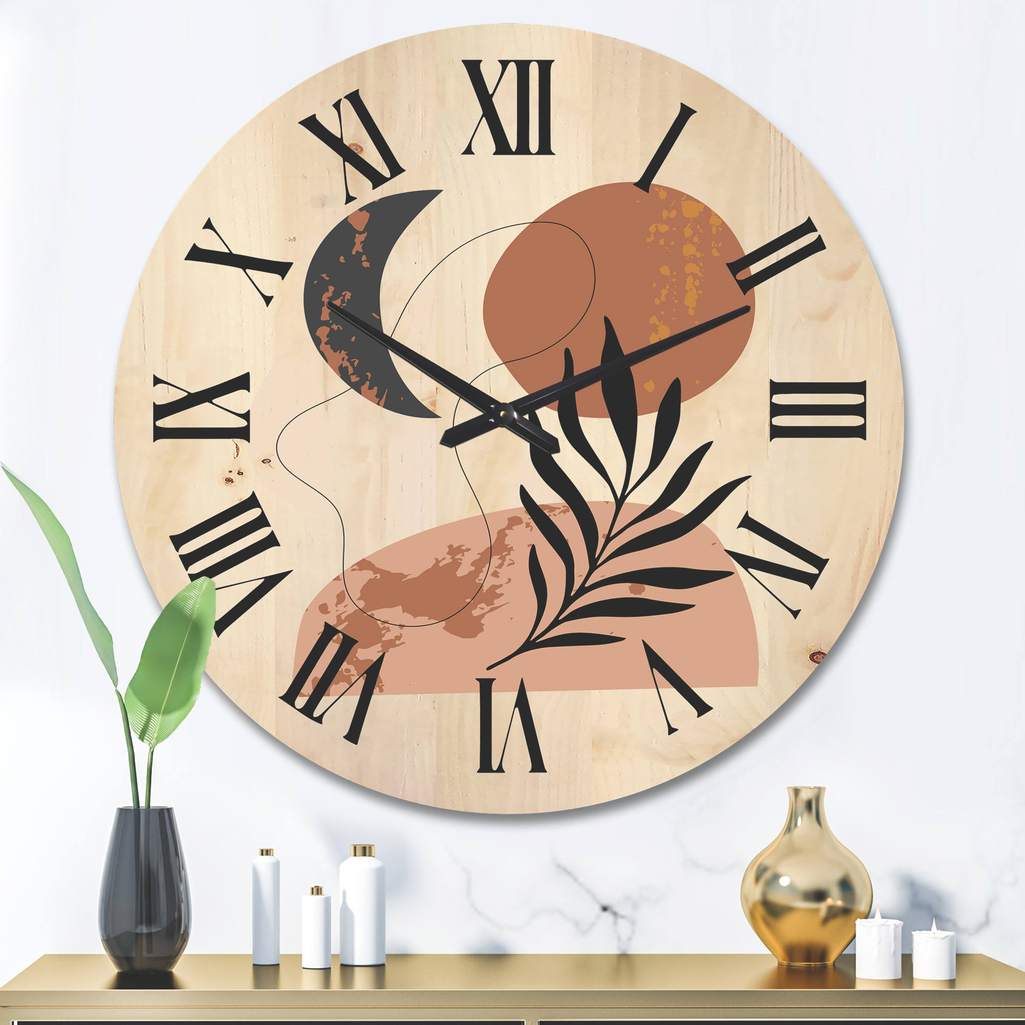 Designart 'Sun and Moon Shapes In Retro Terracotta Tones I' Modern Wood Wall Clock