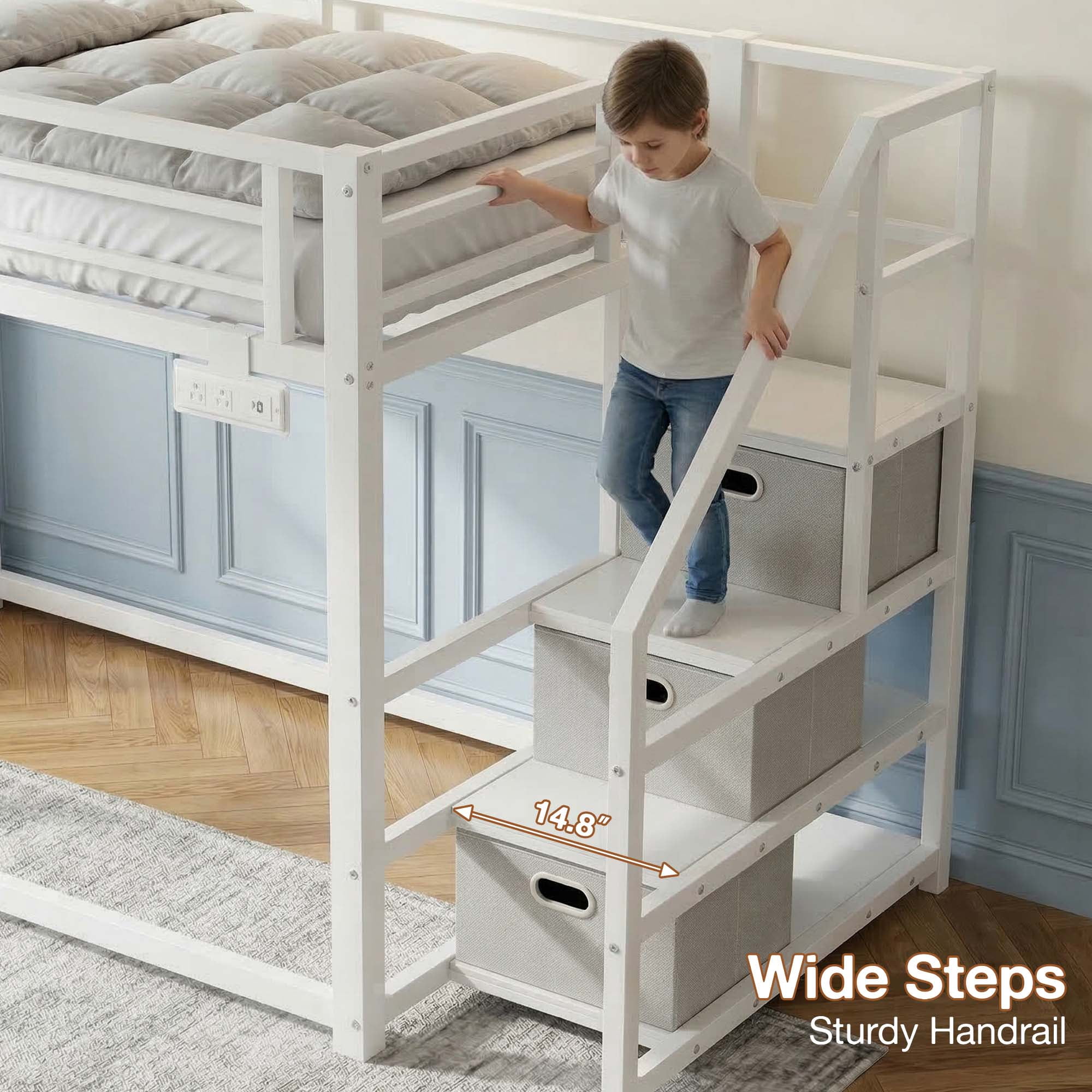 Twin Over Twin Bunk Bed with Storage Stairs, Movable Charging Station and LED Lights, White