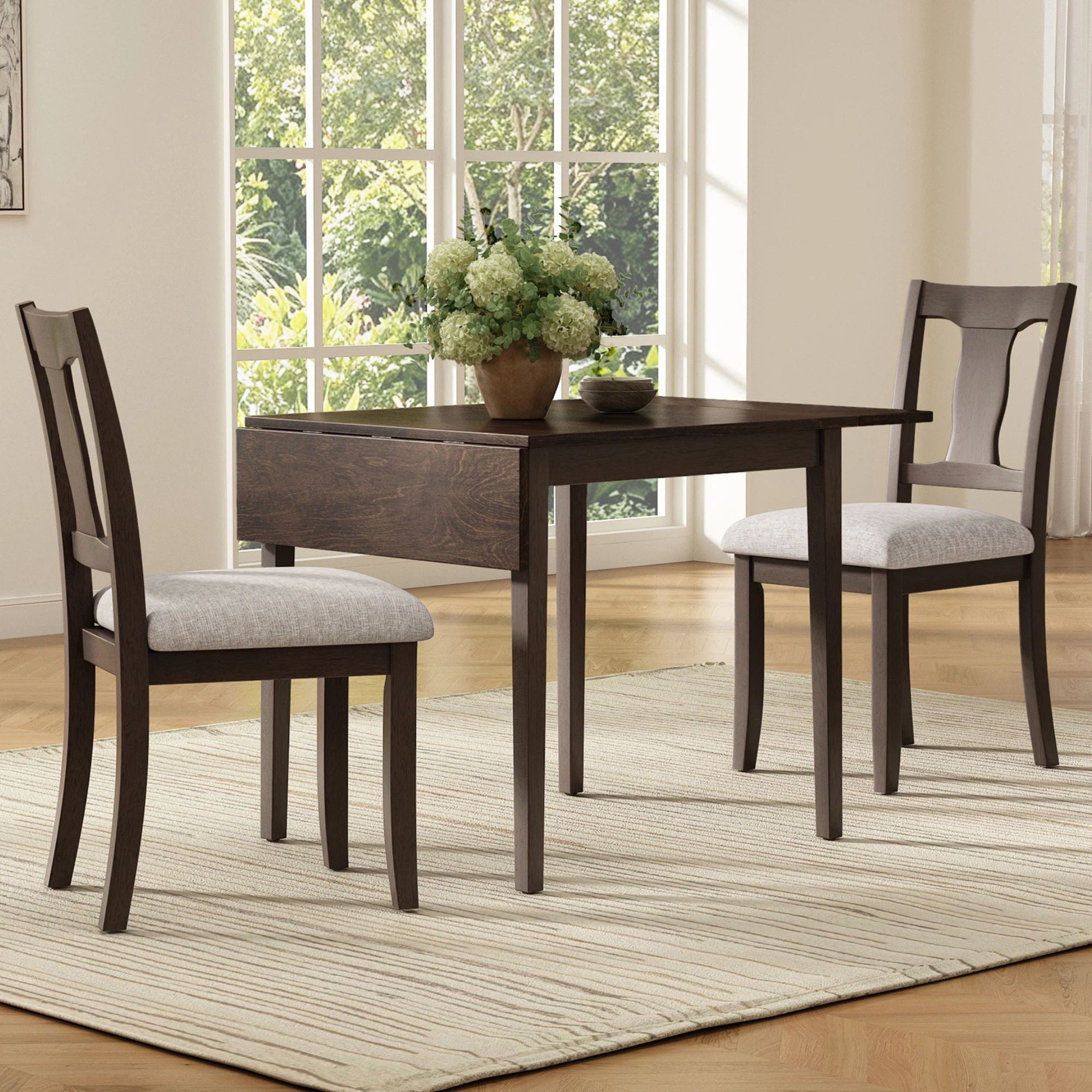 Euroco 3 Piece Wood Dining Table Set, Modern Breakfast Nook Kitchen Table Set with Drop Leaf and 2 Upholstered Chairs for Small Places,Espresso