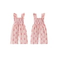 thumbnail image 2 of BemeyourBBs Toddler Baby Girl Summer Clothes Baby Girl Pink Cherry Outfit Smocked Romper 6 12 18 24Months 2 3 4 Years Cherry Print Flying Sleeve Wide Leg Pants Jumpsuit, 2 of 9