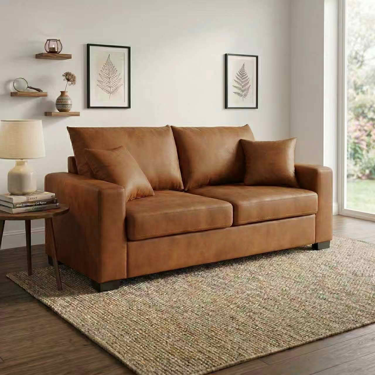 MAYEERTY 69 Inch 2‑Seater Upholstered Sofa, Textured Fabric Couch with 2 Throw Pillows and Plastic Legs for Apartment, Living Room, Home Office