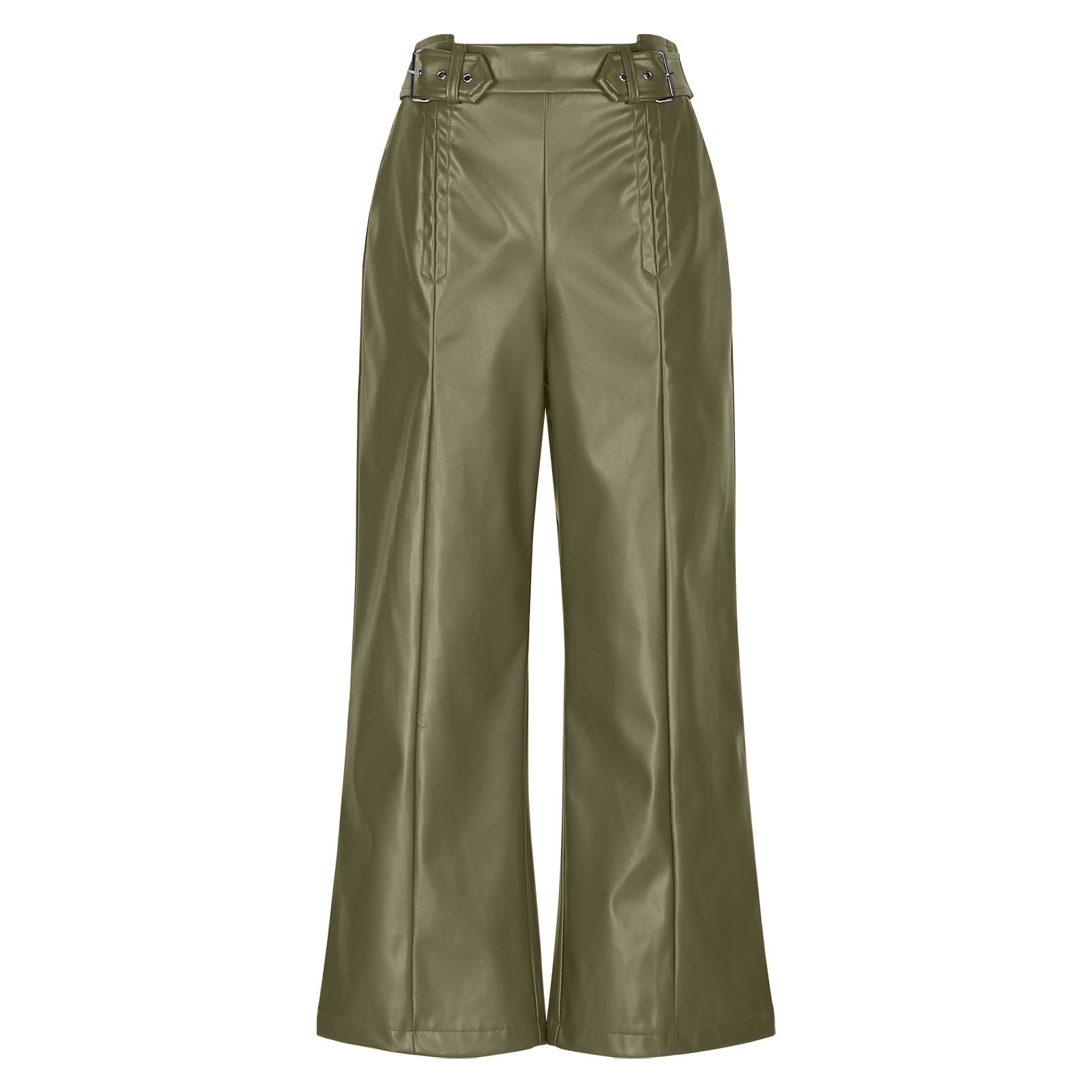 JGGSPWM High-Waist Wide Leg Pants with Belt for Women Sleek Faux Leather Trousers Army Green 2XL