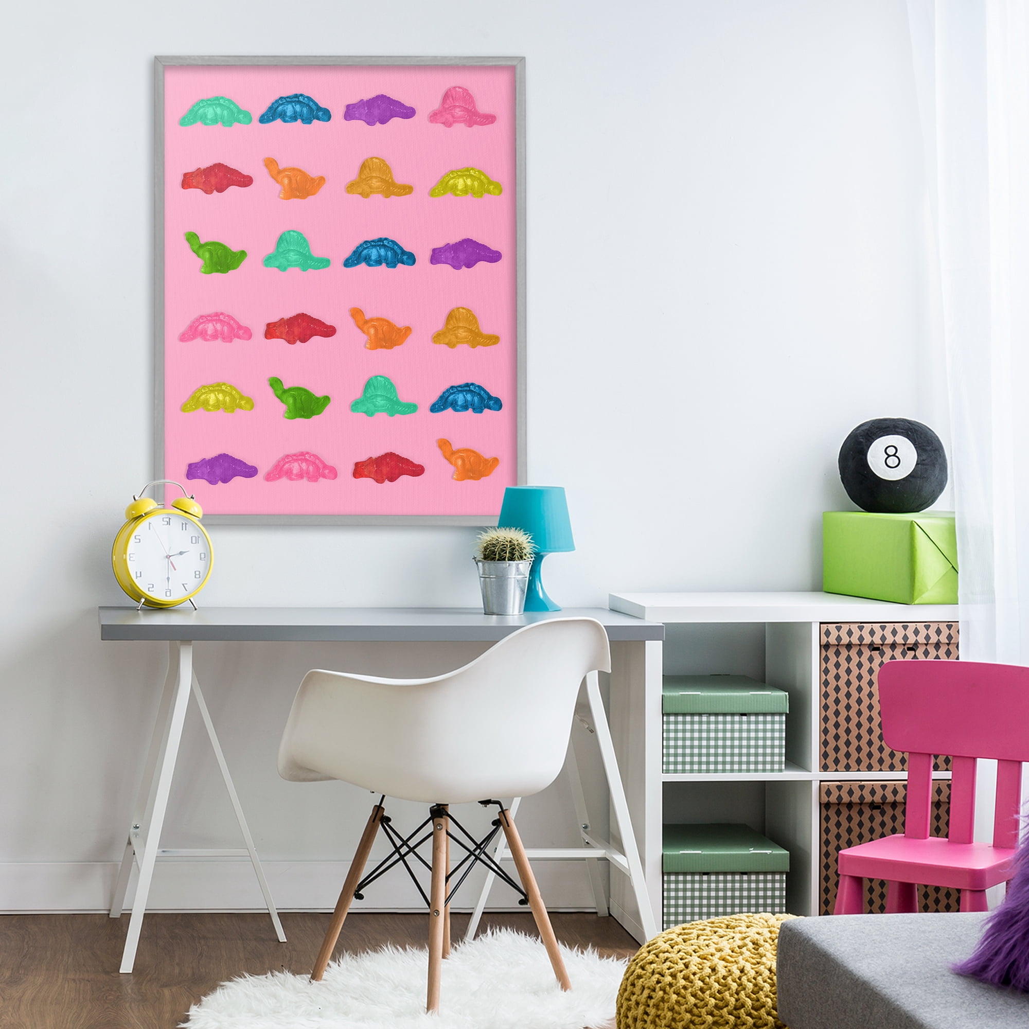 Stupell Industries Dinosaur Gummies on Pink Gray Framed Giclee Art, design by LISH Creative