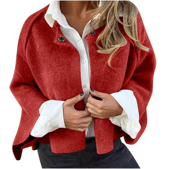 Wlynlyn Oversized Cropped Trench Coat for Women Fall Winter Long Sleeve Coat Button down Lightweight Outwear(Red,X-Large)