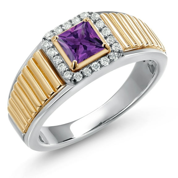 Gem Stone King 925 Silver and 10K Yellow Gold Purple Amethyst and White Lab Grown Diamond Statement Ring for Men | 0.81 Cttw | Princess 5MM | Gemstone February Birthstone | Size 7