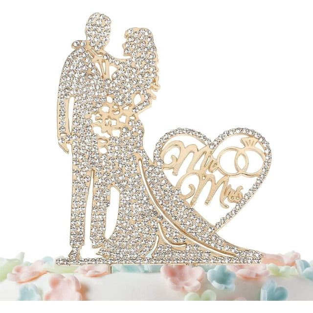 Mr And Mrs Cake Topper Metal Rhinestone divertido pastel de boda Topper para la novia y el novio oro