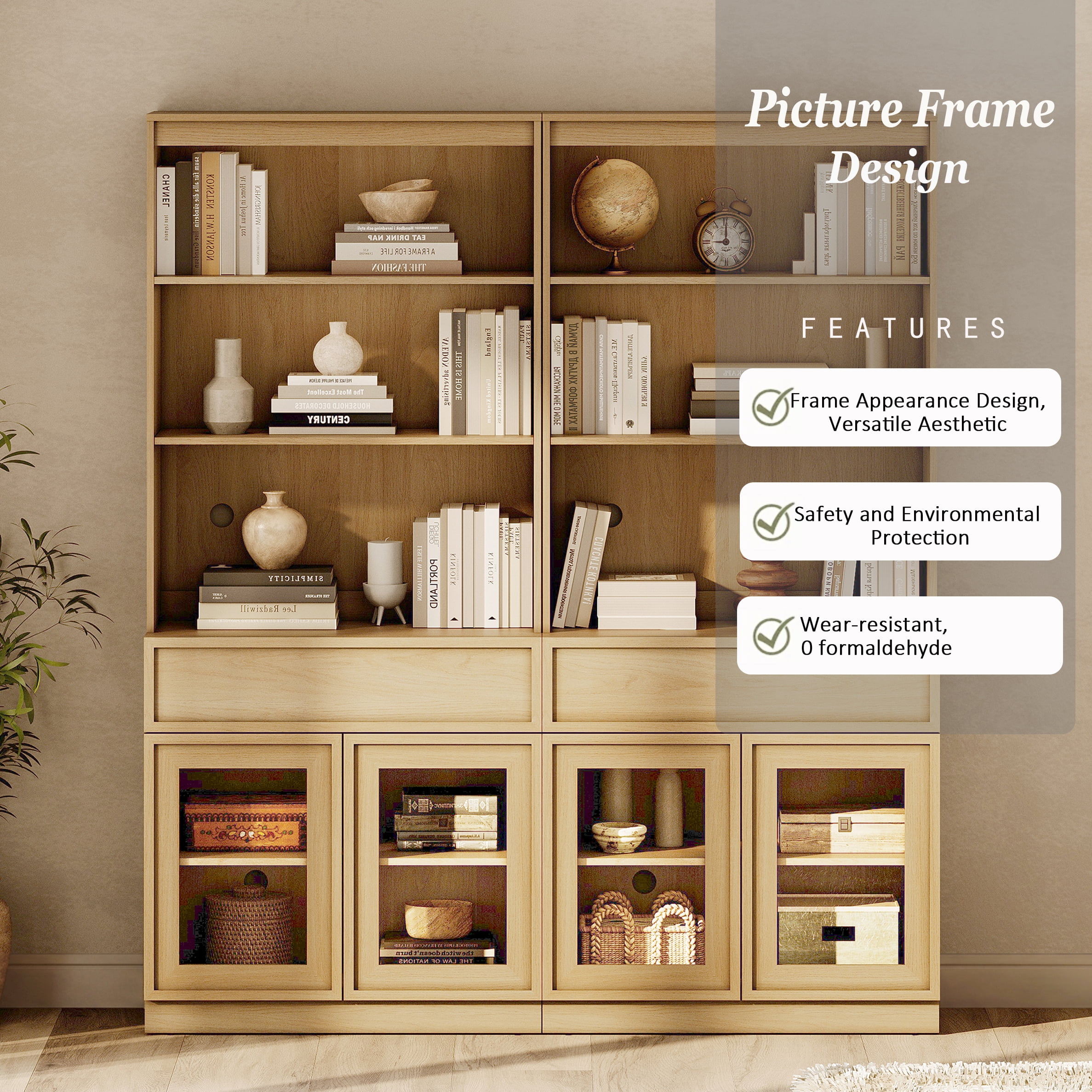 Modern 72" Tall Bookshelf with Glass Doors & Drawers, Library Bookcase with Storage Cabinet and Open Shelves,Oak