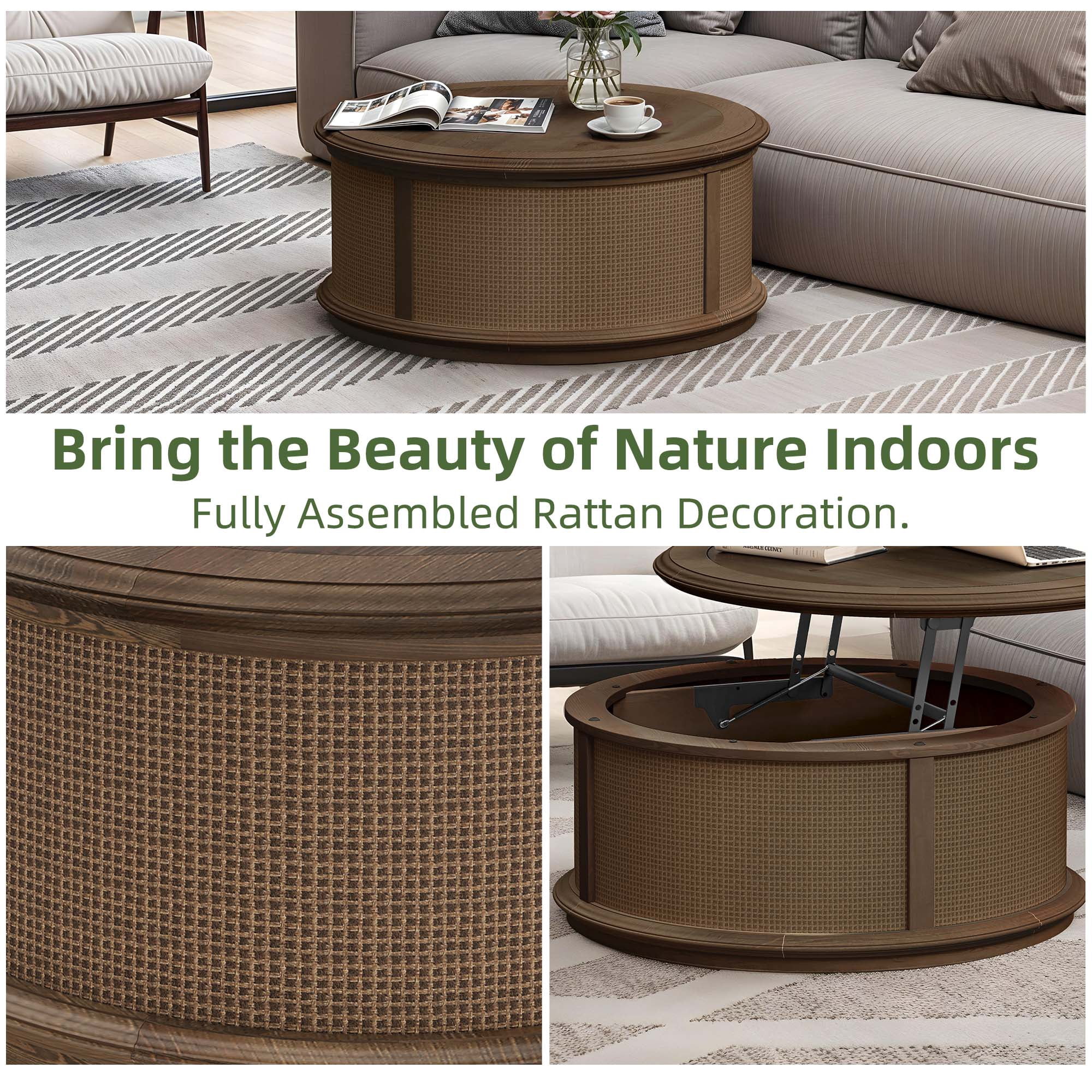 Uforic Multifunctional Round Rattan Lift-Top Coffee Table – Brown Wood Finish with Hidden Storage