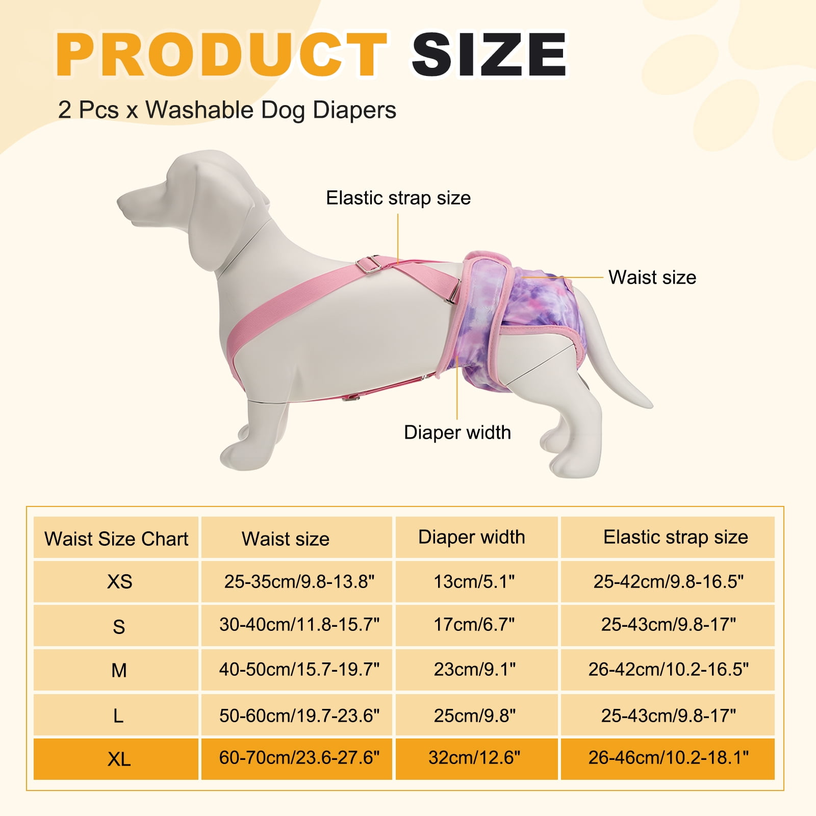 Washable Female Dog Diapers with Suspender, Reusable Dog Diapers Absorbent Leakproof(Tie-Dye Orange Yellow/Tie-Dye Purple XL, 2Pcs), Intended for Female in Heat Cycle