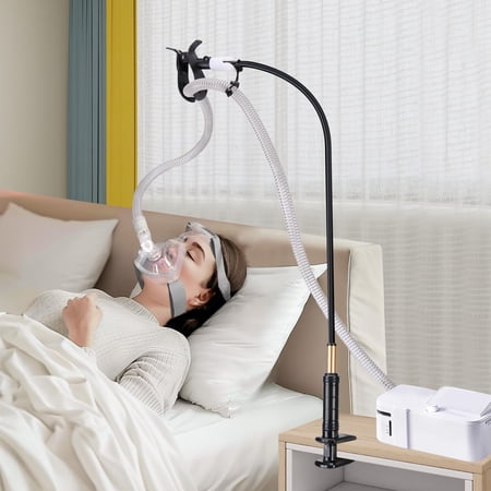 CPAP Hose Holder for Bed, Full Metal Bedside CPAP Hose Stand with Under-Mattress Base, Adjustable Flexible Arm, Curved Mask Hook and Hose Straps, No-Drill CPAP Accessories,Black