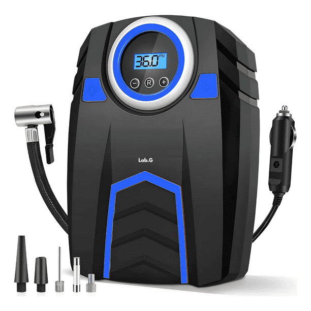 "Compresor de Aire Portátil, Inflador de Llantas Digital Automático, 150 PSI, con LED, 4 Boquillas Lab.G, Azul Negro "