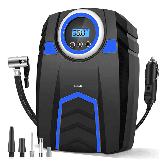 "Compresor de Aire Portátil, Inflador de Llantas Digital Automático, 150 PSI, con LED, 4 Boquillas Lab.G, Azul Negro "