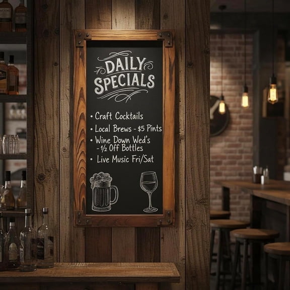 Large Chalkboard Sign Wall-Mounted - 12 x 25-Inch Burnt Wood Frame Erasable Blackboard with Metal Accent Corners