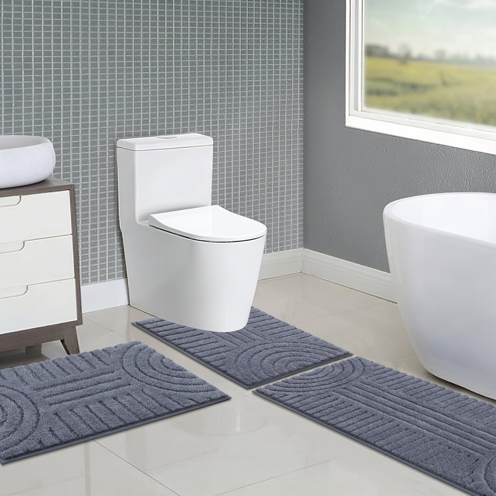 Bathroom Rugs Sets 3 Piece, Soft Absorbent Microfiber Bath Mats and U-Shaped Contour Toilet Rug, Plush Shaggy Bath Mat Set for Bathroom