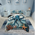thumbnail image 1 of Erosebridal Vintage Octopus Starfish Bedding Full Comforter Set, Retro Nautical World Map Down Comforter, Reversible 3pcs, 1 of 8