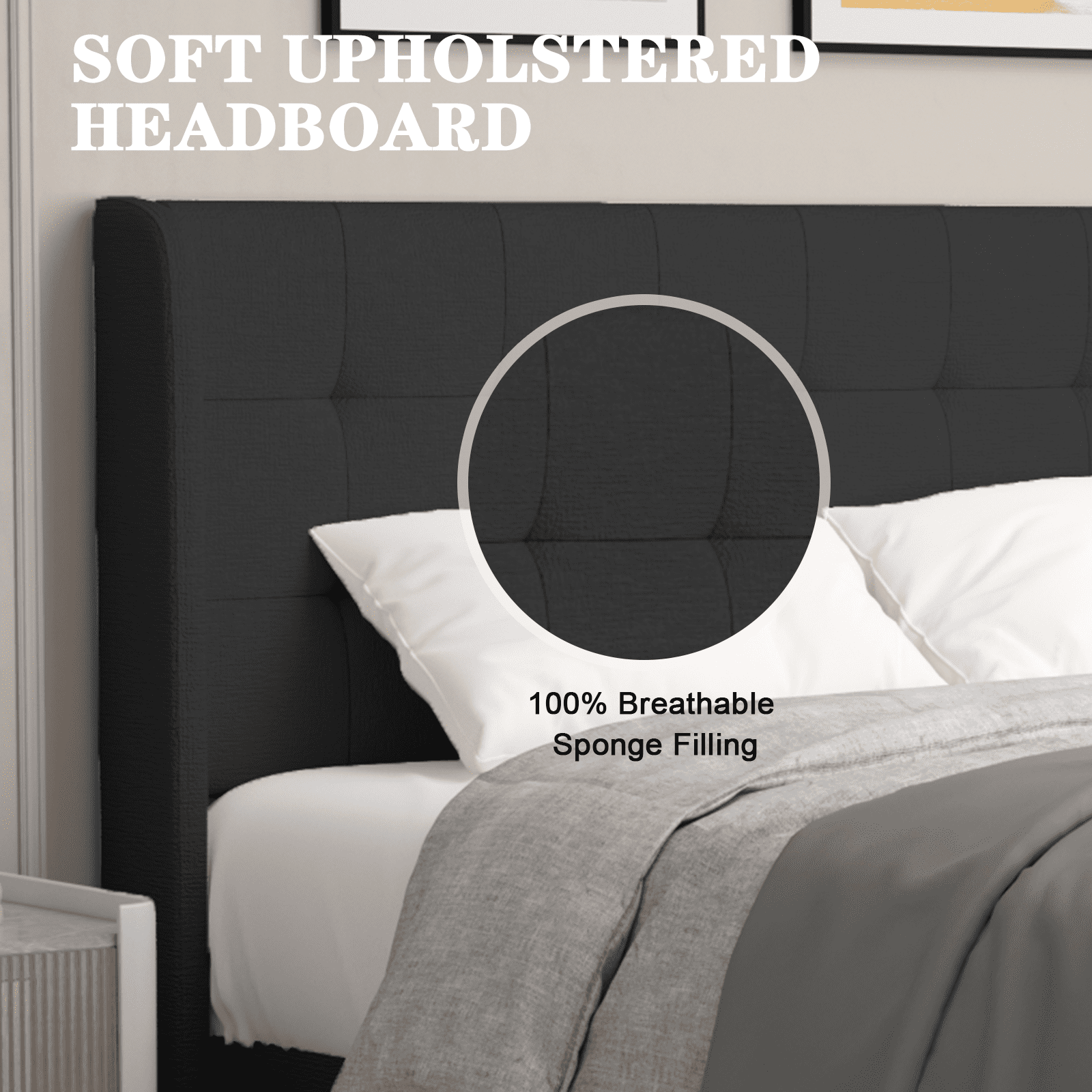 Nathaniel Home, Cotton Linen Beds, Queen Beds Frame, Tufted Upholstered Bed with Wingback, Low Profile Platform Beds, Strong Wooden Slats, Black Adult