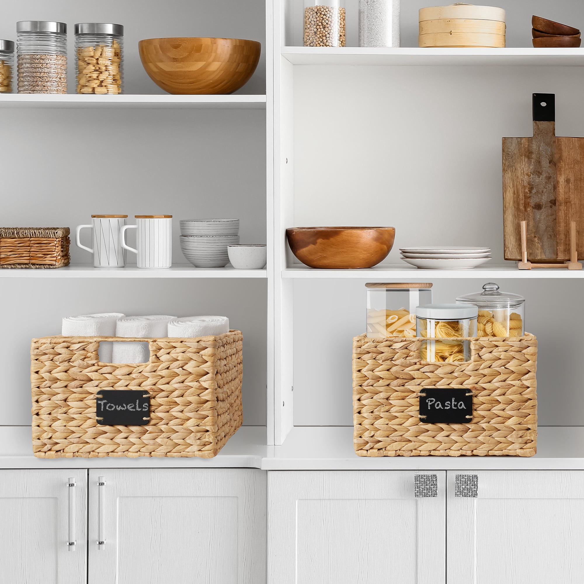 Casafield (Set of 2) Water Hyacinth 12-1/2"x17"x8" Pantry Baskets w/ Chalkboard Labels and Marker - Natural, Woven Storage Bins for Kitchen Shelves