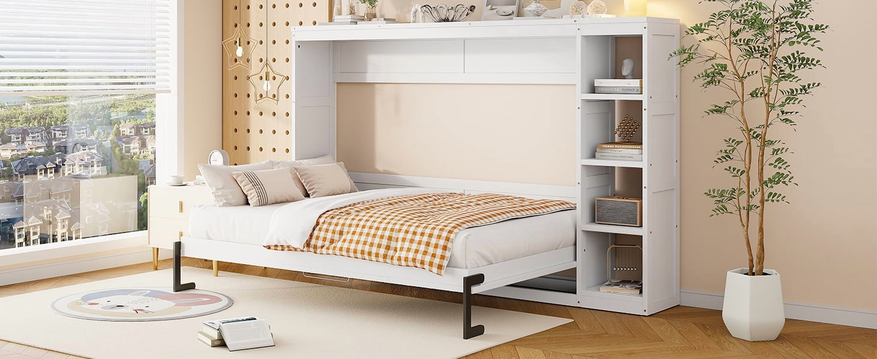 MAYEERTY Full Size Murphy Bed - Built-in Bookshelf, White