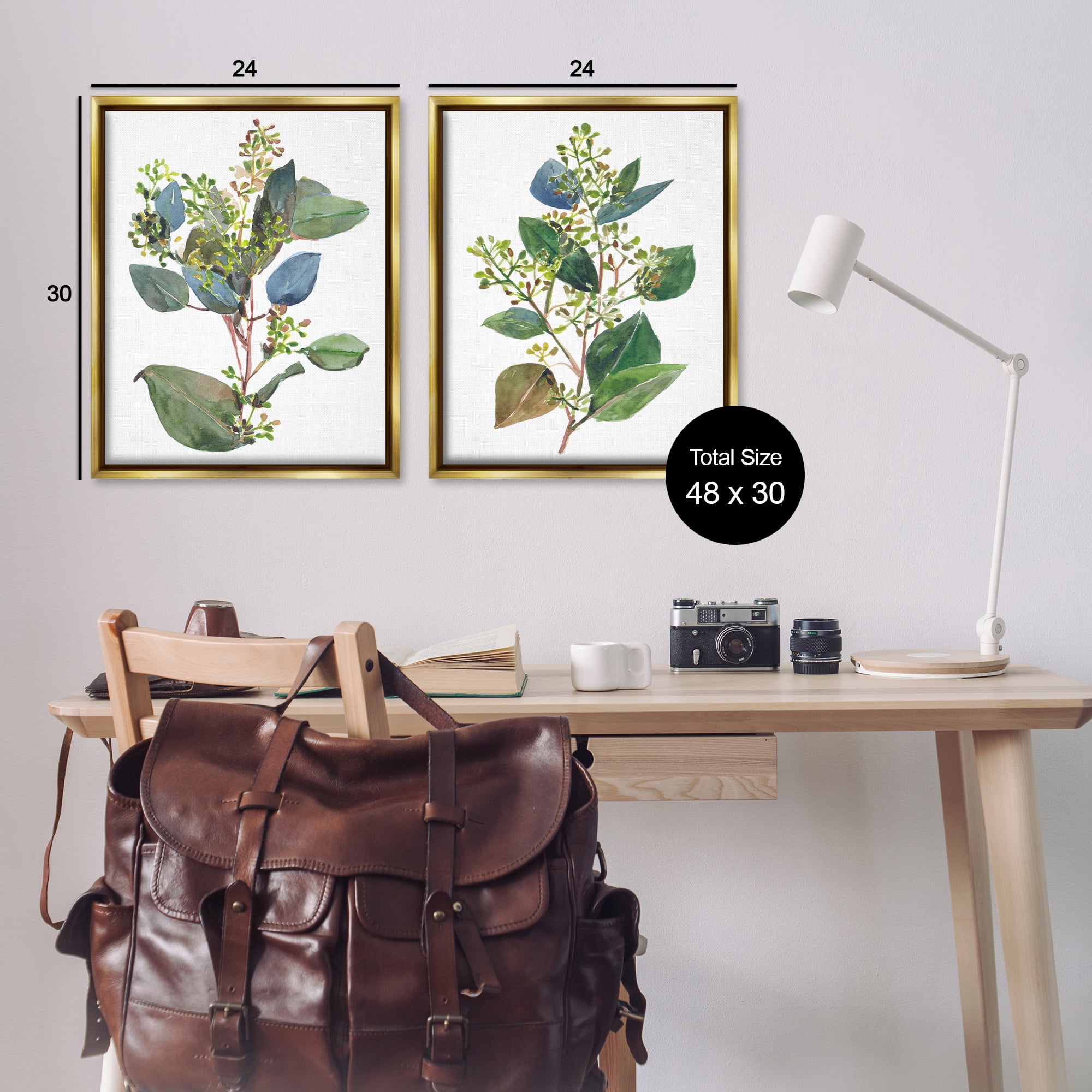Stupell Industries Soft Eucalyptus Plant Ombre Leaves Botanical & Floral Painting Gold Floater Framed Canvas Art Print Wall Art, 25 x 31, Set of 2
