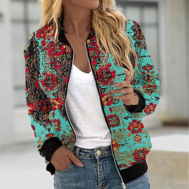 Ailaofu Womens Zip up Sweatshirt Jacket Stand Collar Hoodless Outerwear Casual Print Long Sleeve Bomber Coat with Pocket Fall
