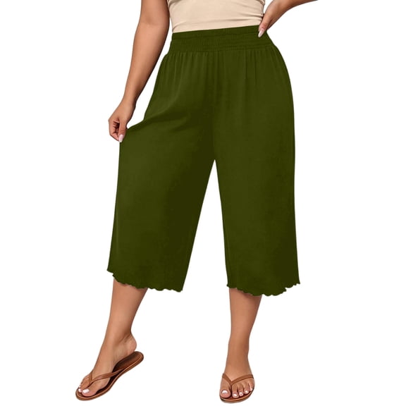 Maean Womens Plus Size Pants Elastic High Waist Wide Leg Baggy Solid Color Lounge Capri Pant L-5XL