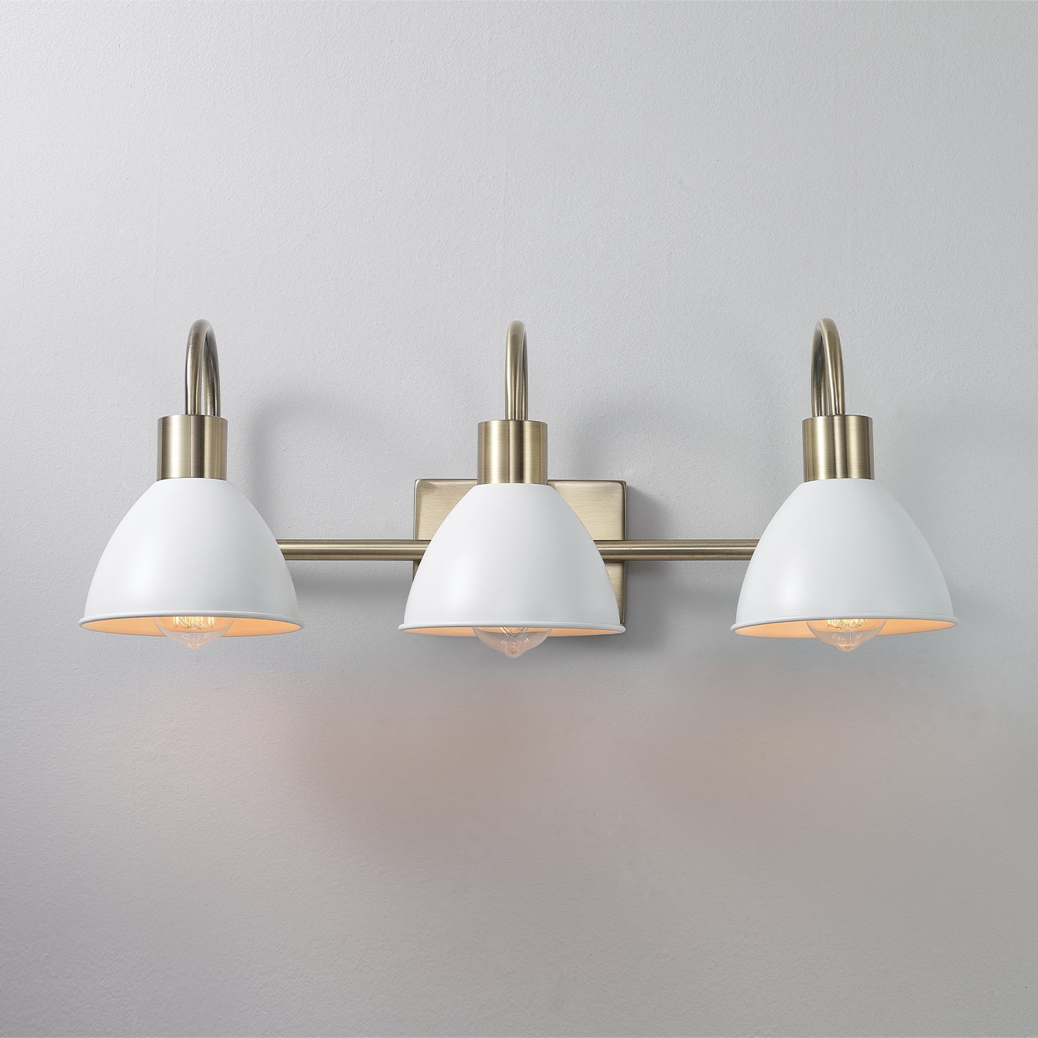 Globe Electric 24" 3-Light Matte Brass Vanity Light, White Metal Shades, Soft Glam Style, 91006818
