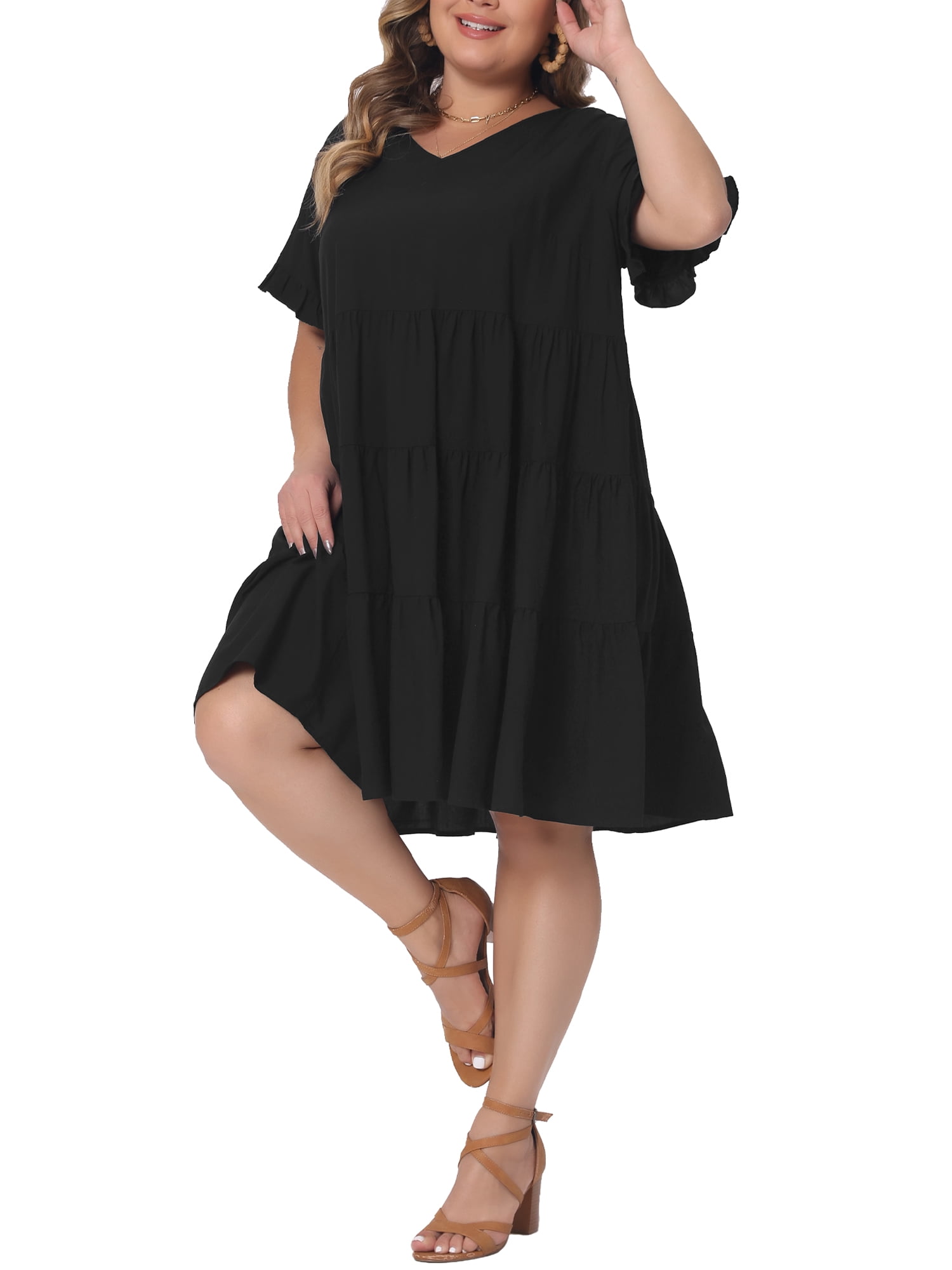 DARING DIVA Women's Plus Size V Neck Ruffle Sleeve Swing A Line Tiered Dress 4X Black
