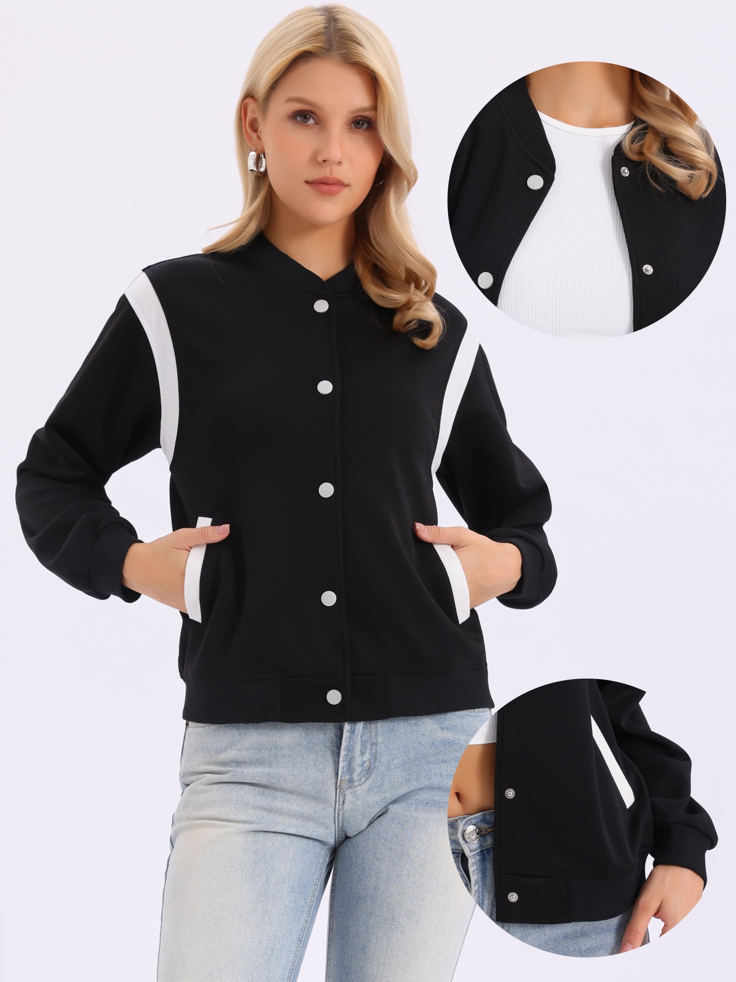 DARING DIVA Women's Bomber Jacket With Button Closure And Pockets S Black