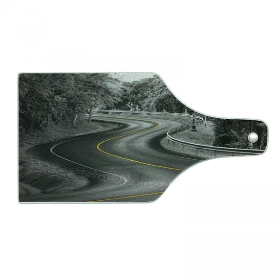 Black and White Cutting Board, Curvy Asphalt Road Yellow Line in Middle Nature Forest Trees, Decorative Tempered Glass Cutting and Serving Board, Wine Bottle Shape, Black Grey Yellow, by Ambesonne