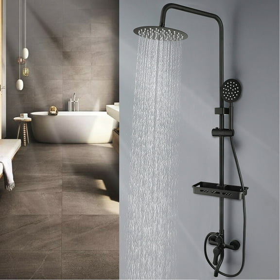 8"Rainfall Shower Faucet Set Black Bathtub Shower Mixer Faucet Storage Shelf Set