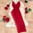 thumbnail image 5 of BUIGTTKLOP Women Nightgown Dress Silk Lace Trim V Neck Slip Dress Spaghetti Strap Asymmetrical Hem Layering Lace Cami Dresses, 5 of 6
