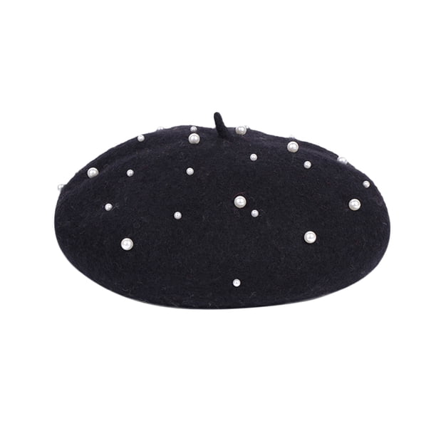 EeaseMX Boina de lana con perlas para niña, boina de invierno, boina cálida y bonita (negra)